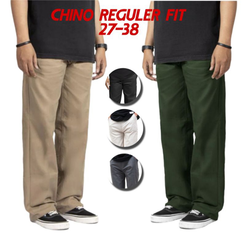 Celana Chinos Standar Reguler Straight Fit Panjang Pria/Celana Chino Cinos Reguler Pria Standar Jumbo Warna Abu Cream Mocca Abu dan Hitam