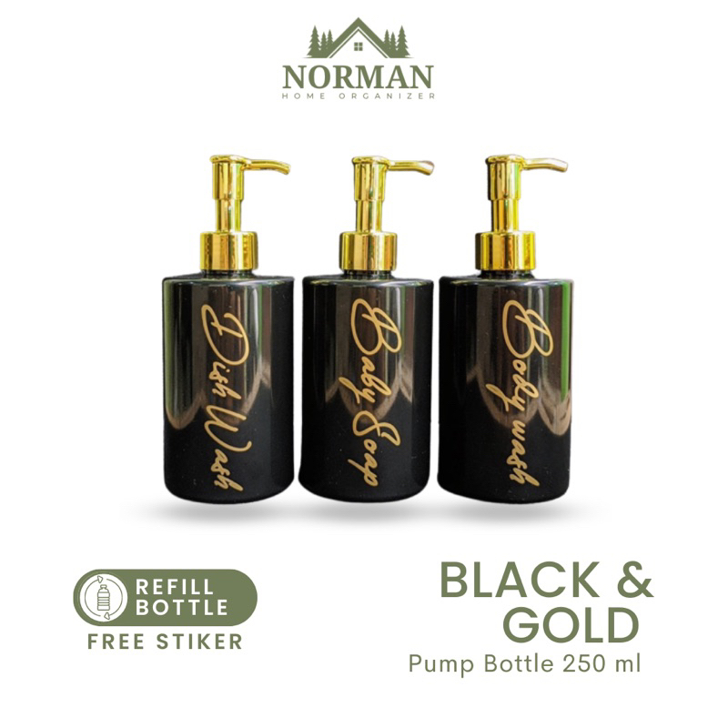 Refill Bottle Black Pump Gold 250Ml / Botol Refil Sabun Cair Shampoo Conditioner 250 Ml Aesthetic