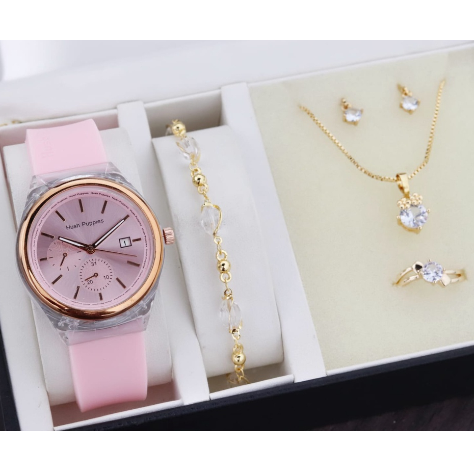 BISA COD✅ Jam tangan wanita Hush Puppies full set kalung cincin anting gelang