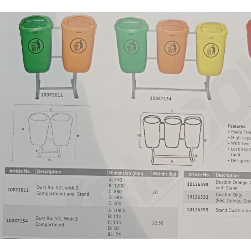 KRISBOW Tempat Sampah 3 Kompartemen 50L/Tempat Sampah Plastik