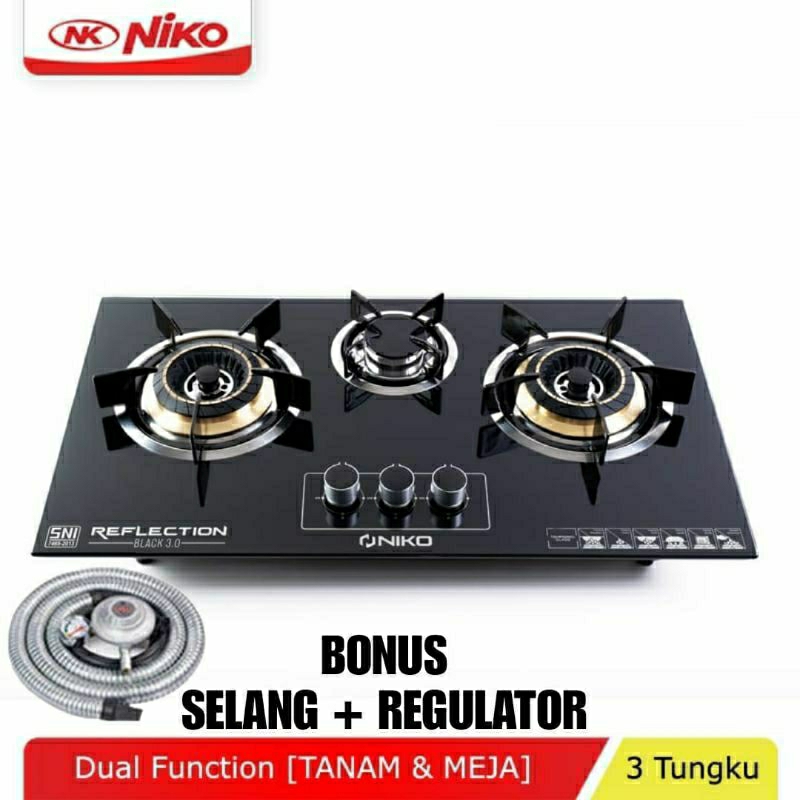 NIKO RG 30T MIRROR ,  REFLECTION GOLD Kompor Gas Kaca 3 Tungku
