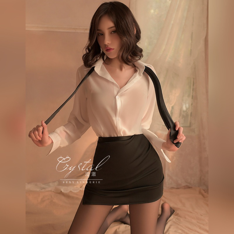 Crystal MEIMEI Sexy lingerie kemeja office lady baju sexy lingerie wanita / Lingerie kemeja transparan baju sexy OL wanita 252