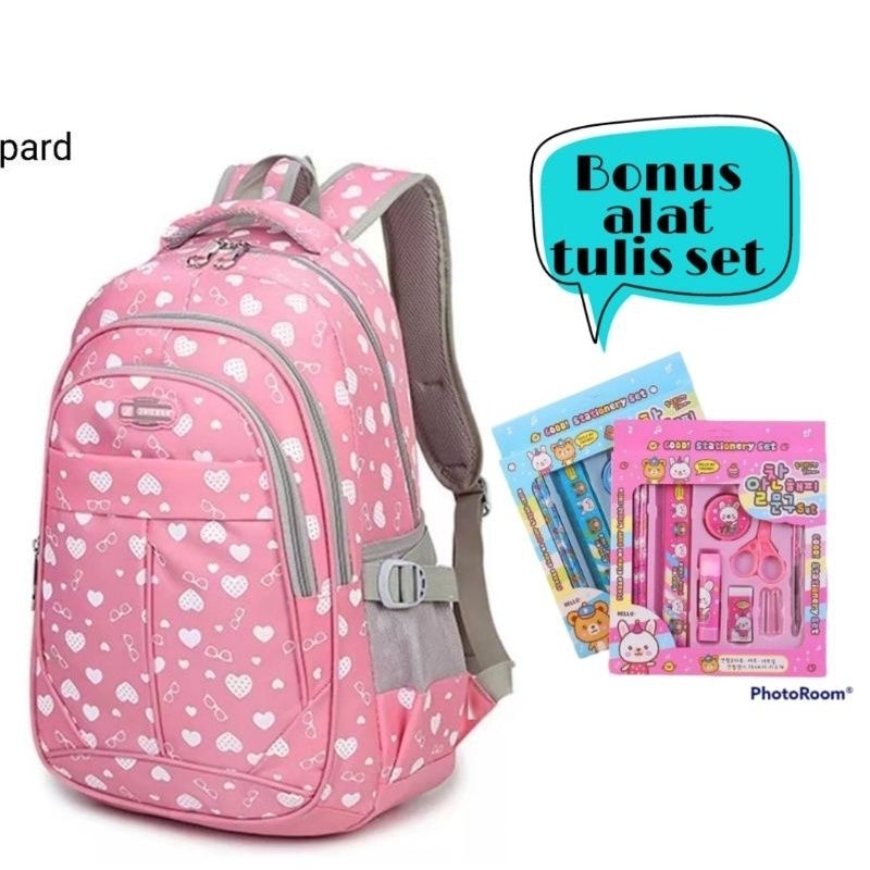 Tas Ransel Love+Bonus Alat Tulis Tas Sekolah Anak perempuan SD SMP Remaja