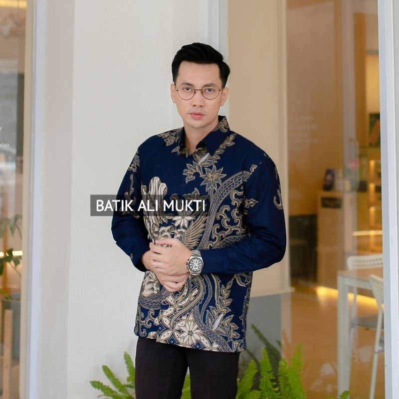 SELING NAVY Kemeja Batik Pria Lengan Panjang Modern Premium Jumbo Biru Navy Navi - Baju Hem Batik Fo