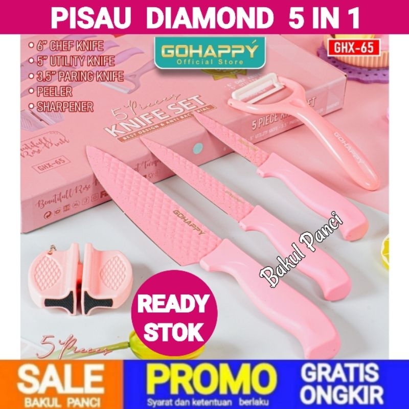 GOHAPPY PISAU SET DIAMOND 5 IN 1 - PISAU DAPUR KERAMIK CERAMIC KNIFE - PINK