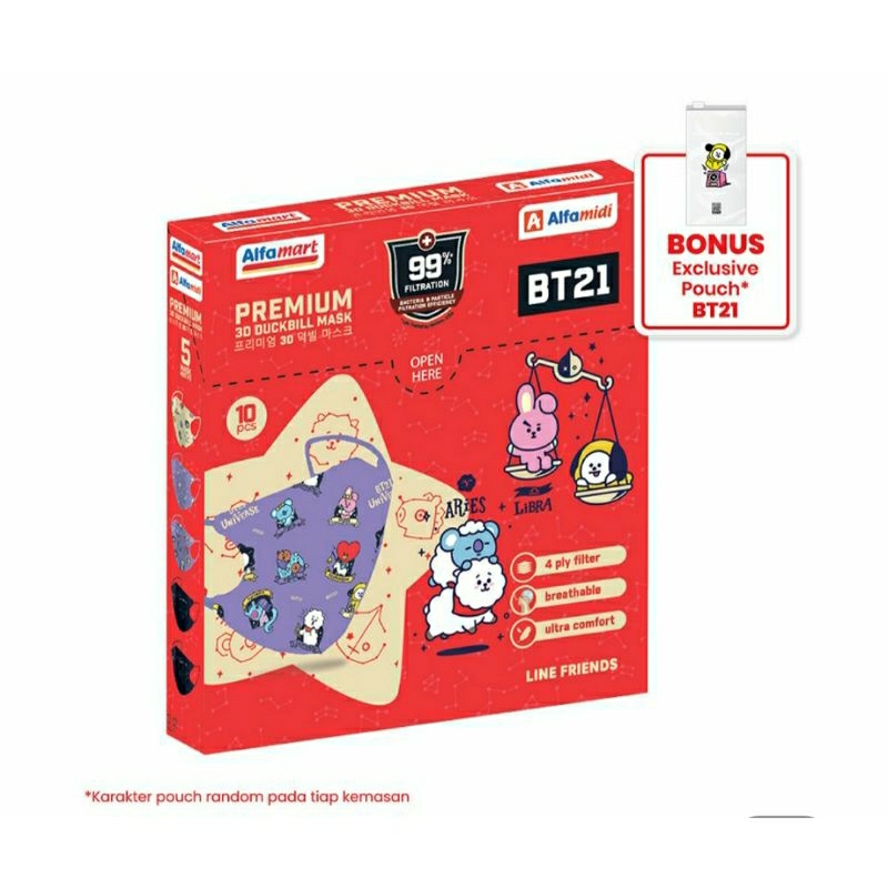 Alfamart BT21 Masker Adult 3D 4 ply + Pouch- Isi 10 pcs