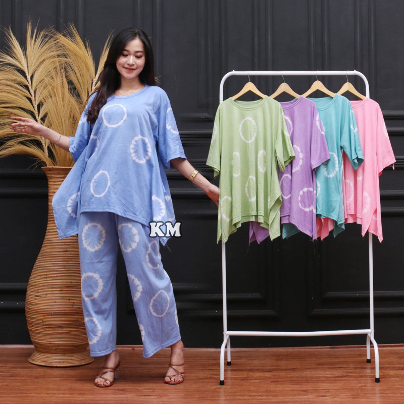 SETELAN WANITA KEKINIAN JUMBO LD 130 BAHAN KAOS SETELAN WAKA TIE DYE PELANGI ONE SET KAOS WANITA