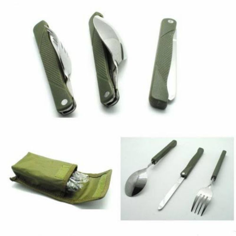 Sendok Set Lipat Swis Army Sendok Stainless Pisau dan Garpu Sendok Lipat 4 in 1