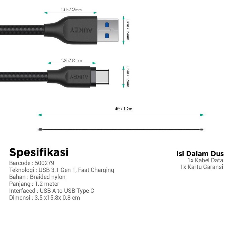 Kabel Charger Type C Aukey CB-AC1 1.2M Braided Black - 500279 Terbuat dari bahan braided nylon dengan kualitas tinggi Mengisi daya 4x lebih cepat Pastikan perangkat anda support USB type C BY SEN