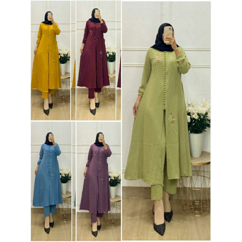 (Bisa COD) Setelan Tunik Crinkle Premium Terbaru/Setcel Polos Katun Crinkel/Oneset Long Tunik Kringk