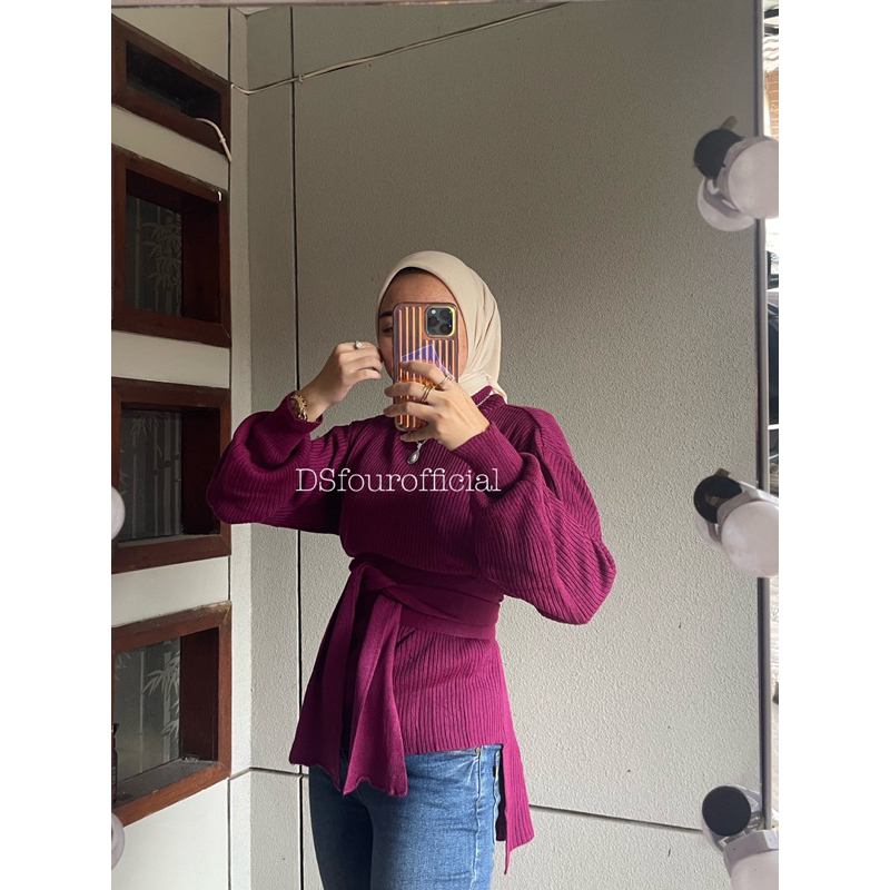 Salza blouse rajut premium / atasan rajut premium+belt