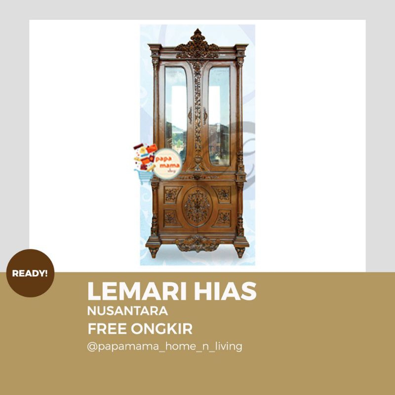 Lemari Hias Kaca Mewah - Bahan Kayu Jati Jepara - Tipe Nusantara Medan