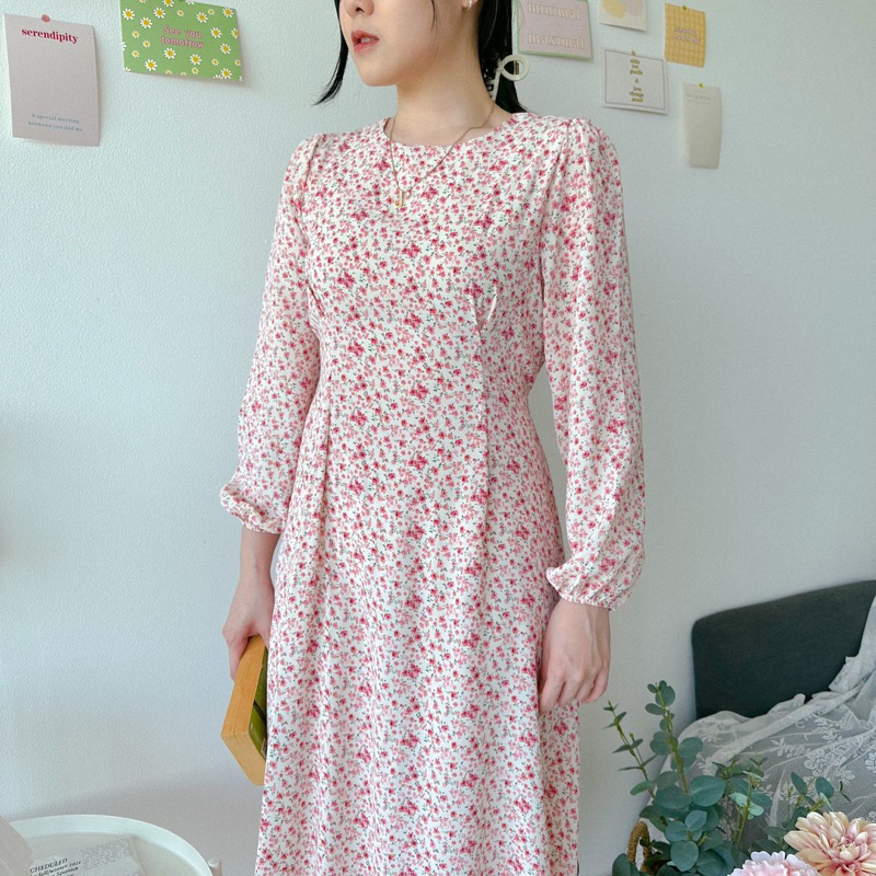 KANON - Hanami Floral Dress - Dress midi pantai/musim panas vintage motif bunga korean look