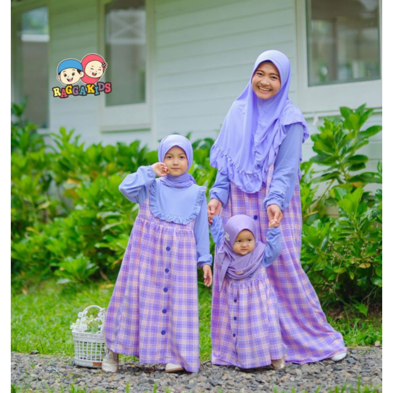 RG 59 Lilac  Raggakids Gamis Kaos Kombinasi Motif Kotak-kotak Babytery lembut Baju Couple Family Ser