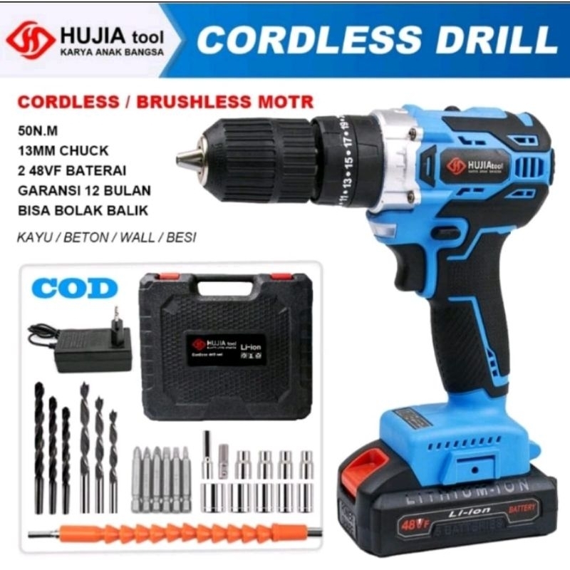 CANGGIH HUJIA CORDLESS DRILL 48V HUJIA PRO-2021 BATERAI 48V CORDLESS BOR BETON IMPACT 13mm BRUSHLESS