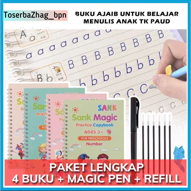 

4 in 1 Buku belajar menulis huruf dan angka Magic Practice / Sank Magic Book Buku latihan menulis anak tk