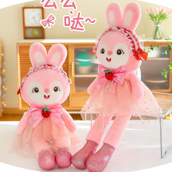 Boneka Bunny Pakai Dress Pink Strawberry Bahan Plush