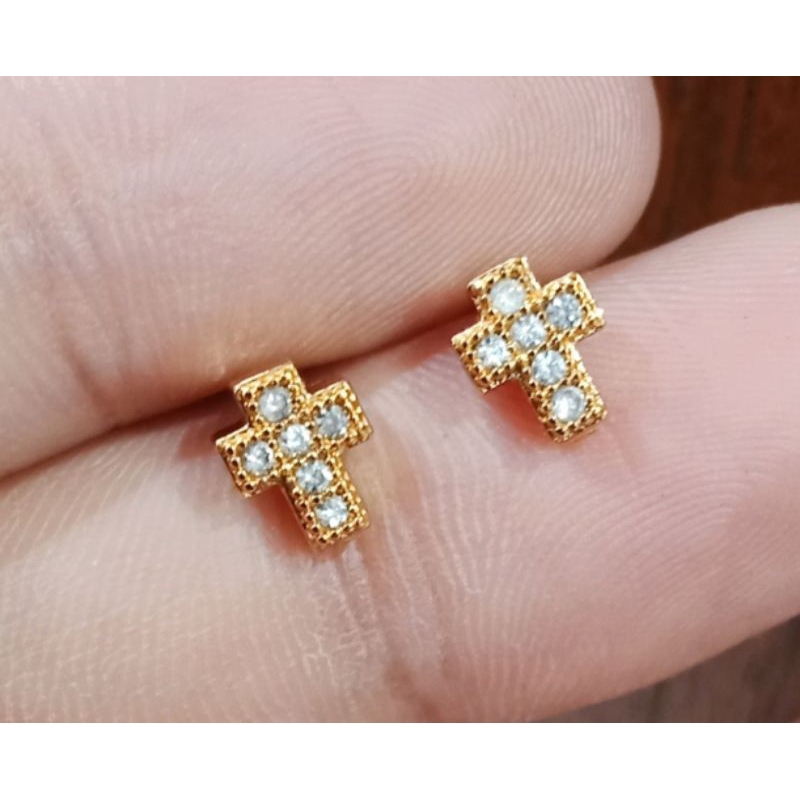 NAL07. Anting tusuk xuping salib dewasa lapis emas dgn mata zircon tinggi 0,5cm