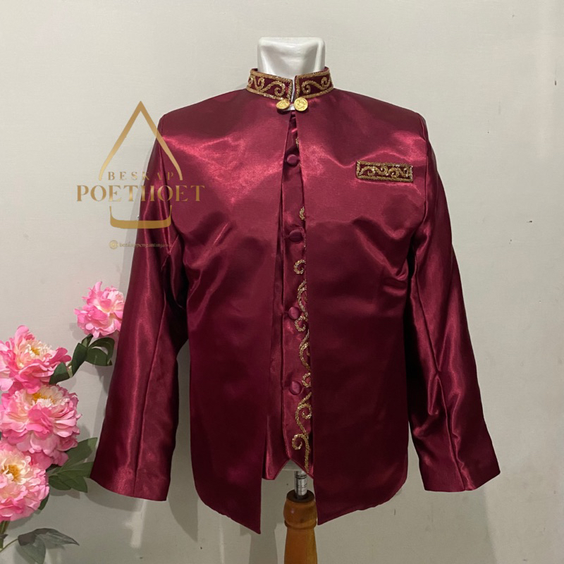 Jas formal pria Basofi pengantin Sunda muslim maroon set celana dan peci
