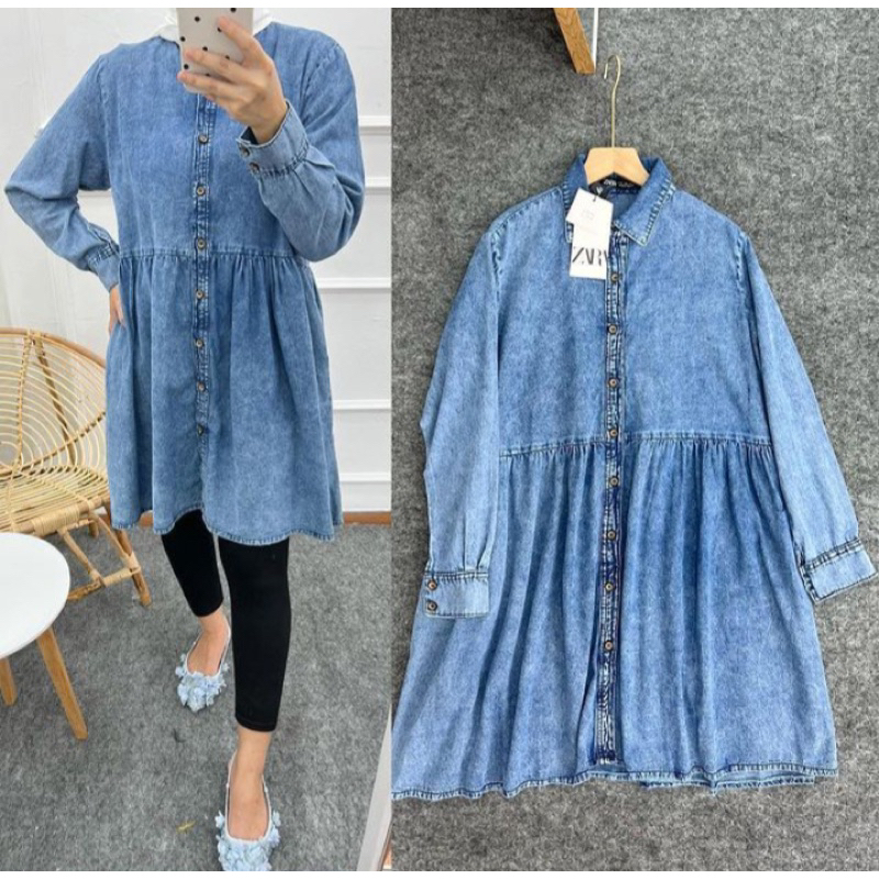 Tamstore Tunik Jeans Atasan Wanita Denim Oversize Full Kancing Keenan