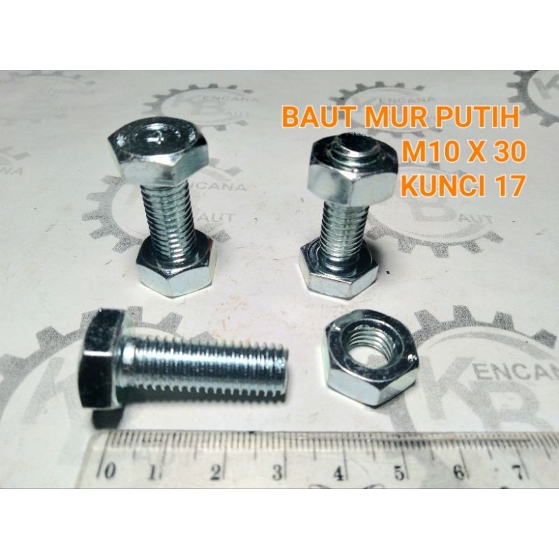 BAUT MUR M10 X 30 PUTIH / BAUT MUR M10 X 30 GALVANIS BMK M10 X 30 KUNCI 17 PANJANG 3 CM