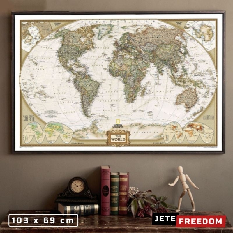 Poster Dinding Peta Dunia Aesthetic Besar 103 x 69 cm Large Vintage World Map Dekorasi Rumah Tembok 