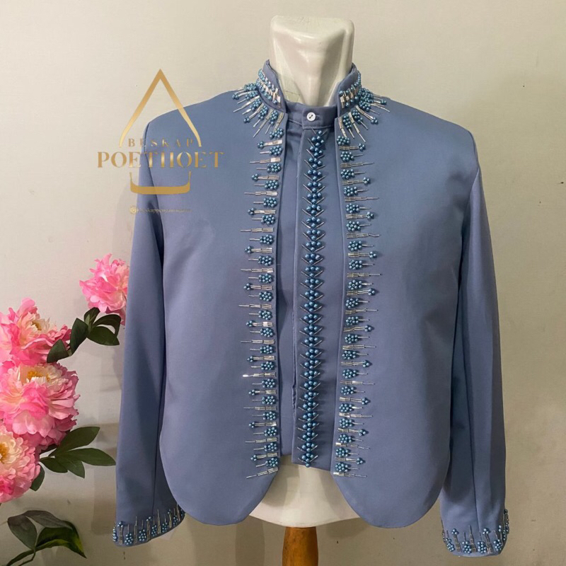 beskap Jawa Solo hewes krowok pengantin pria payet biru denim blue bahan matte premium