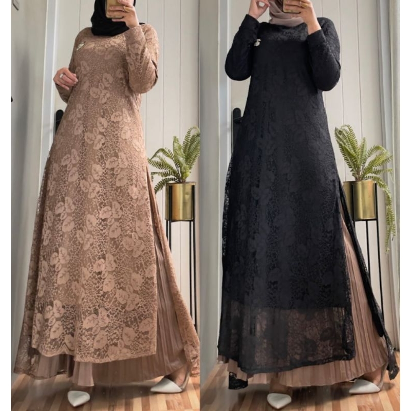 Fahimah dress by Doniq - Setelan Rok Plisket Busana Muslim Lace Brokat Hitam Coklat
