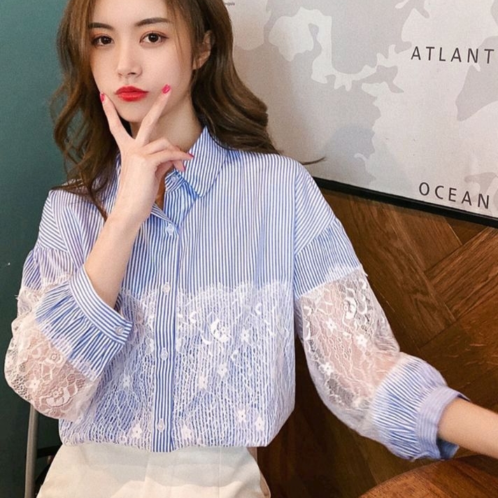 8031 Baju atasan kemeja STRIPED SALUR SHIRT biru Korea Korean style wanita import Bangkok baju atasa