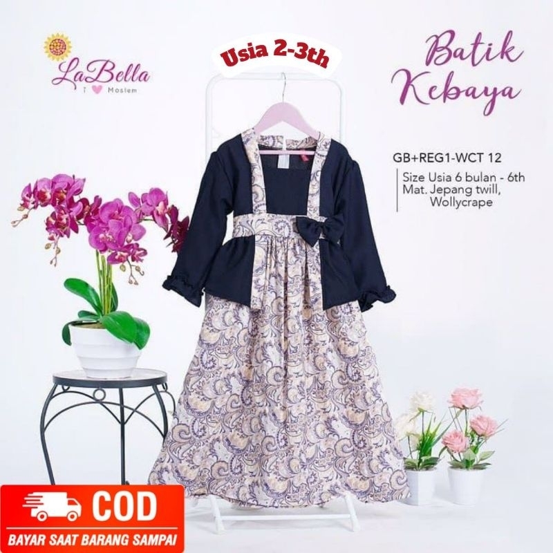 LABELLA GAMIS BATIK SET JILBAB ANAK BALITA CEWEK USIA 2-3 TAHUN DRESS MUSLIM MODEL KUTUBARU BAHAN KA