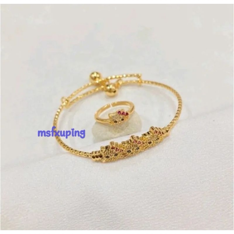 Set Gelang Cincin Anak Hello Kitty Kepala 3 Perhiasan Anak Titanium Gold Xuping