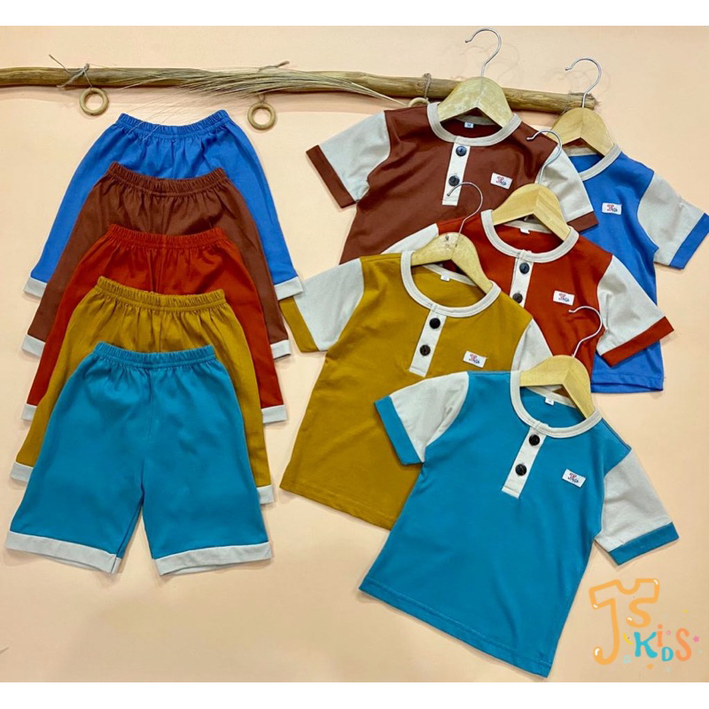 JISA Kids - NEW Baju Anak/ Setelan Anak Kiano Set Warna Kombinasi Celana Pendek Baju Pendek