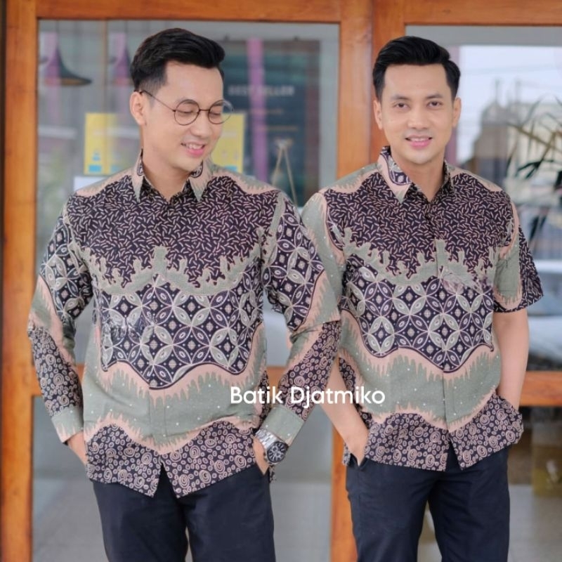Kemeja Batik Hijau Sage Hem Batik Lengan Panjang Pendek Jumbo Regular