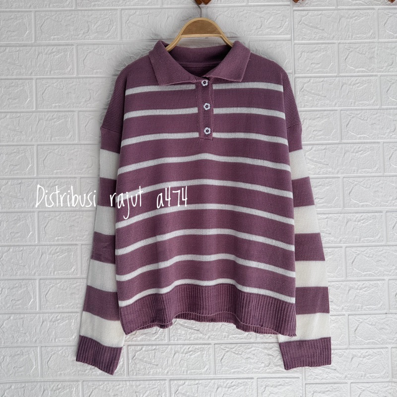 KEY KEY POLO SWEATER RAJUT KANCING MOTIP BLASTER STRIPE OVERSIZE ATASAN LENGAN PANJANG WANITA