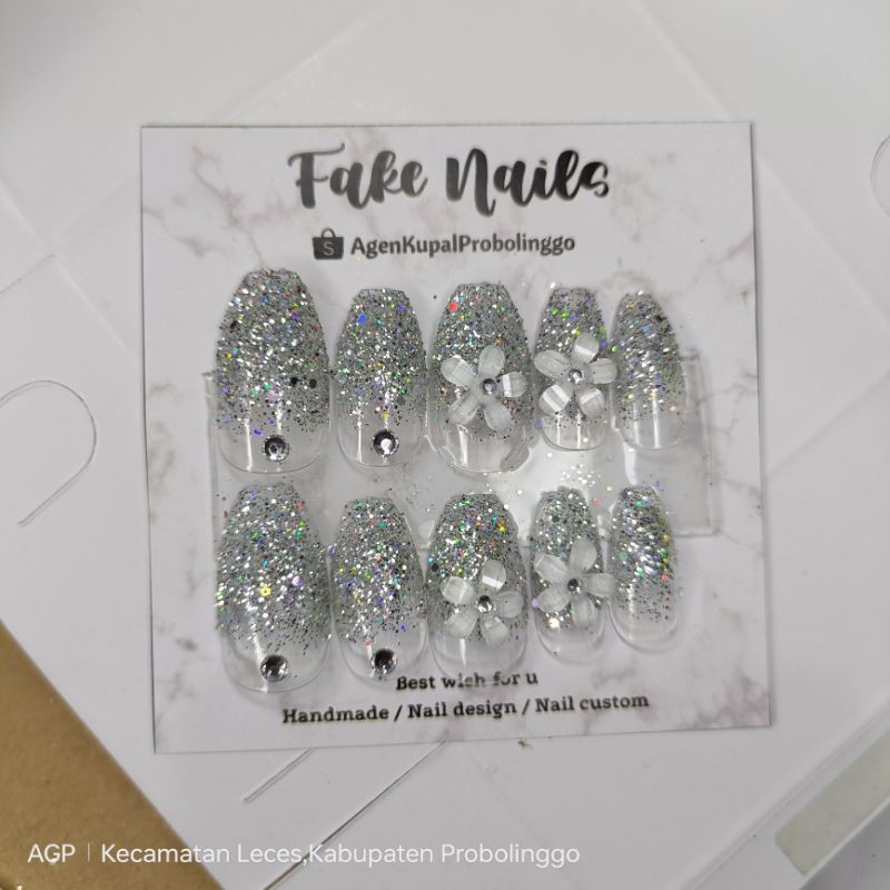 KUKU PALSU HANDMADE Glitter silver /KUKU PALSU WEDDING/KUKU PALSU MURAH/AGEN KUPAL RESMI