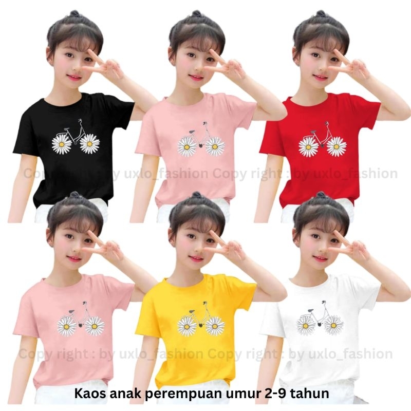 KAOS BAJU ANAK PEREMPUAN DAN LAKI LAKI UNISEX MURAH LENGAN PENDEK MOTIF SEPEDA BUNGA IDEAL UMUR 2 SAMPAI 9 TAHUN UXLO FASHION