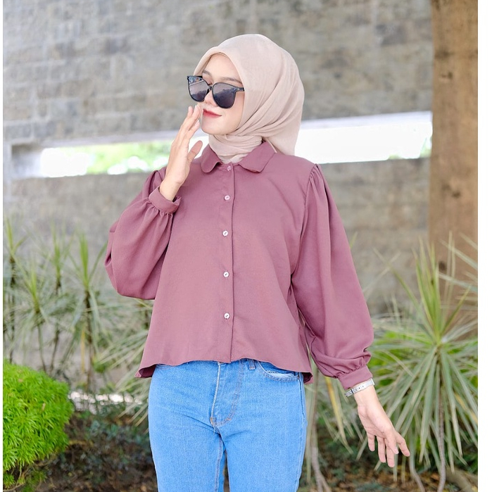 Elze Blouse Polos Shakilla Kemeja Elze Atasan Wanita Shakila Twill Lengan Balon Full Kancing