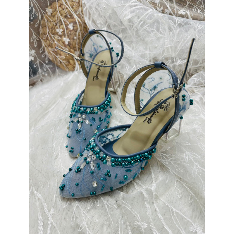 sepatu Zaneta wedding iceblue wanita 7cm kaca