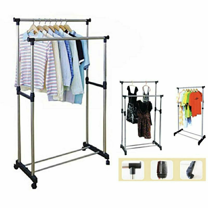 Rak Baju Gantungan Double Pole Stand 2 Tiang Hanger Pakaian Stainless