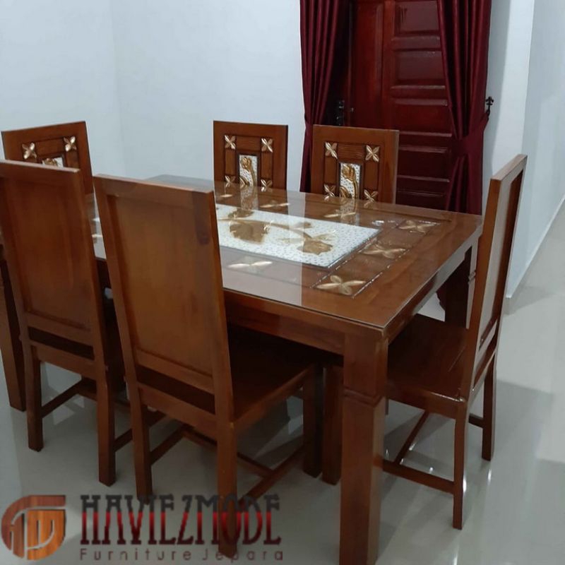 kursi makan meja makan ukir kombinasi cat emas dan putih kayu jati