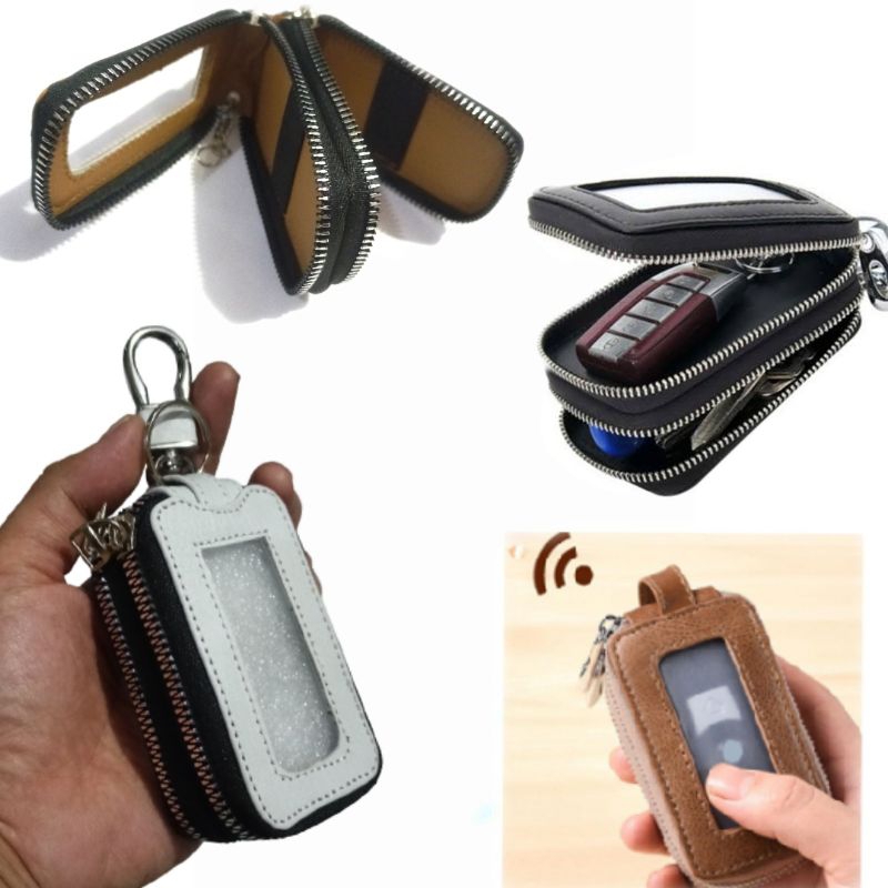 gantungan kunci remote keyless mobil double zipper kulit asli  transparan dompet stnk