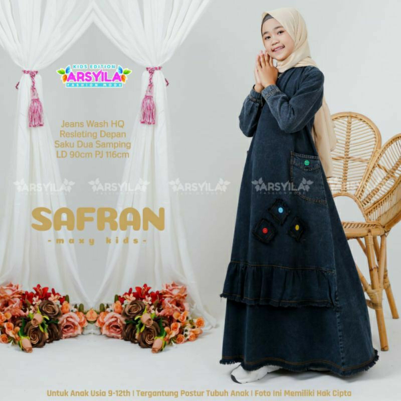 Disy Gamis Jeans Anak Perempuan Tanggung Usia 9-12 Tahun Baju Maxi Dress Remaja Rempel Susun Murah