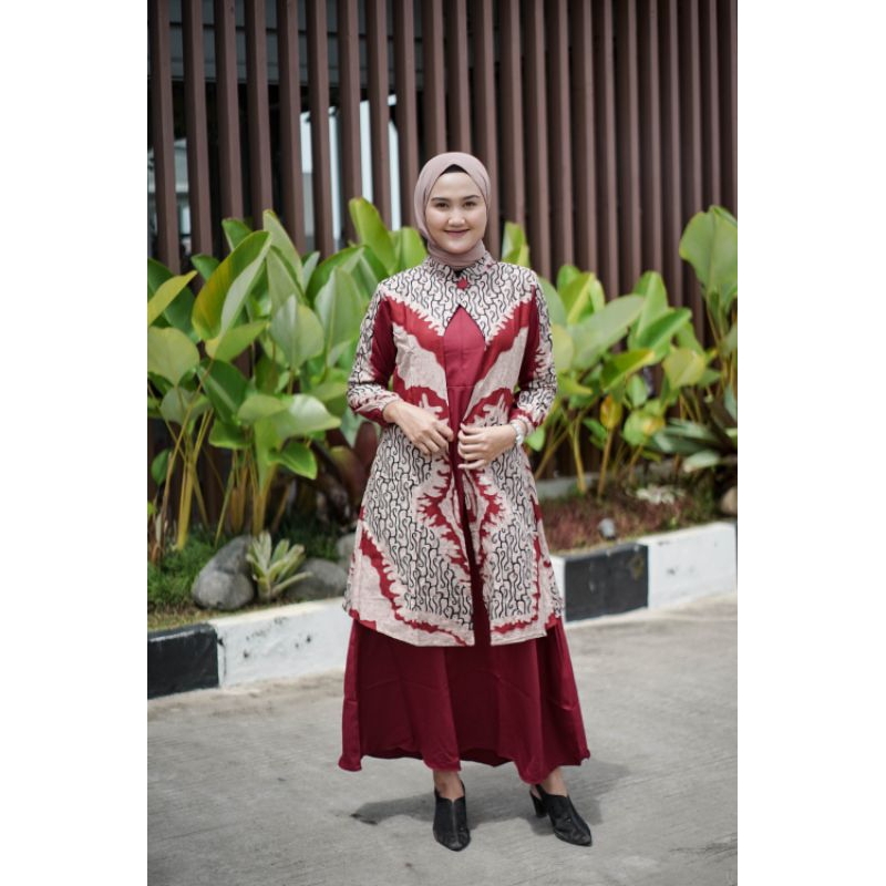 Gamis Batik Jumbo Wanita Premium Kombinasi Polos Merah Katun Lengan Panjang