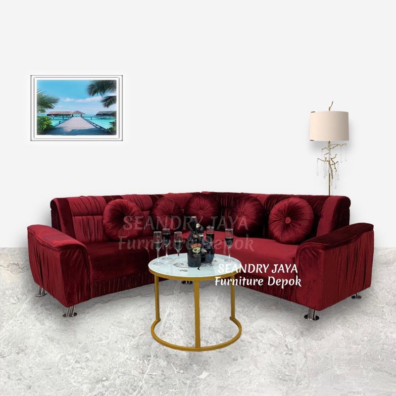 sofa L minimalis XTINE + meja tamu bulat kaca/buat ruang kecil/modern/kekinian/maron/busa royal/SEAN