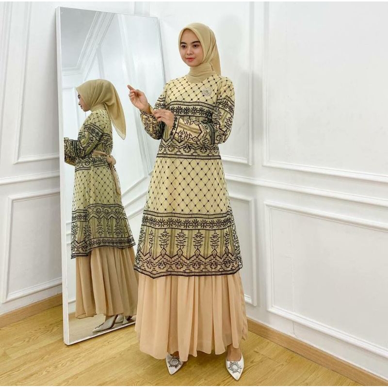 Bazargamis Dress Terbaru Tile Bordir Kombinasi Ceruty Babydoll Premium Baju Kurung Modern Gamis Laye