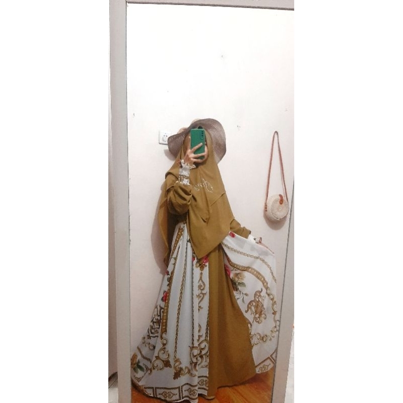set syari etnik set syari motif bunga besar set syari olive
