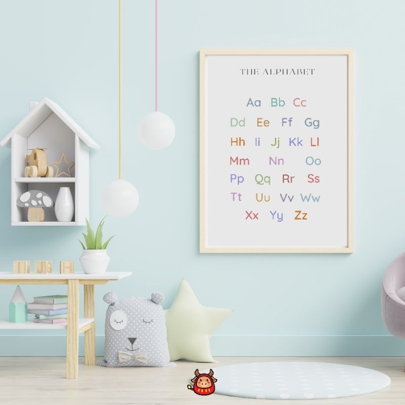 Poster Edukasi Anak Angka Alfabet ABC Bulan Alphabet warna pastel aesthetic High Quality Warna macaroon