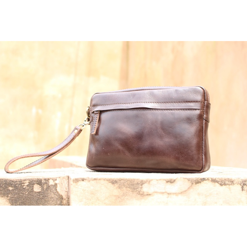 CLUTCH PRIA DAN WANITA BAHAN KULIT SAPI ASLI PULL UP MODEL GANZZO / FREE GRAVIR NAMA DAN LOGO