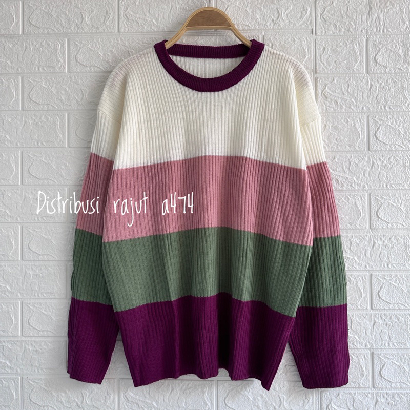 NAWAITU SWEATER RAJUT OVERSIZE MOTIF GARIS BLASTER STRIPE ATASAN LENGAN PANJANG