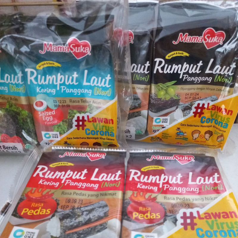 

MamaSuka Rumput Laut Kering Panggang Roasted Nori Seaweed All Varian 4.5g 1PACK ISI 2BKS (9GRAM)